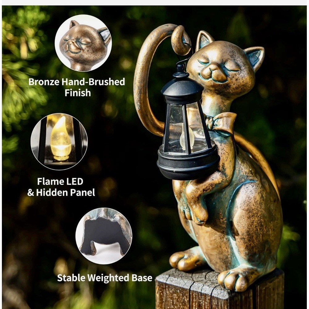 Solar Powered Cat Garden Statue Lighted Lantern Sculpture Outdoor Yard Art Decor